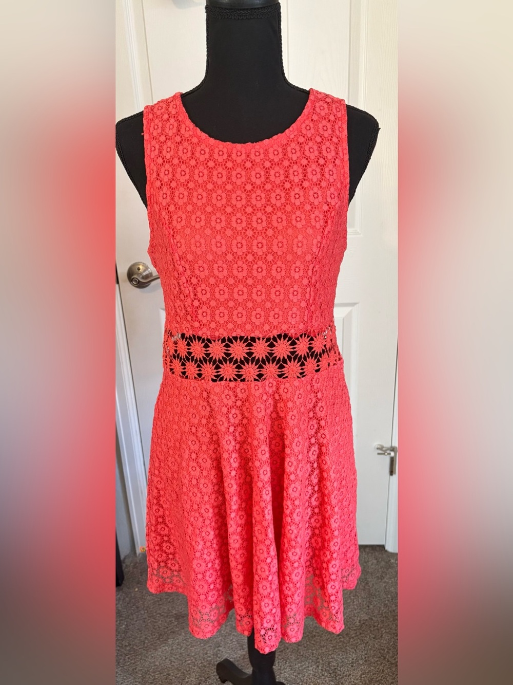 iris Coral Lace Fit & Flare Dress with Floral Cutout Waistband